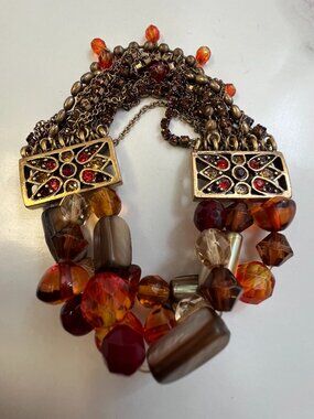 Gold & Amber Statement Slip-On Bracelet faux bead bronze chain earthy amber glow